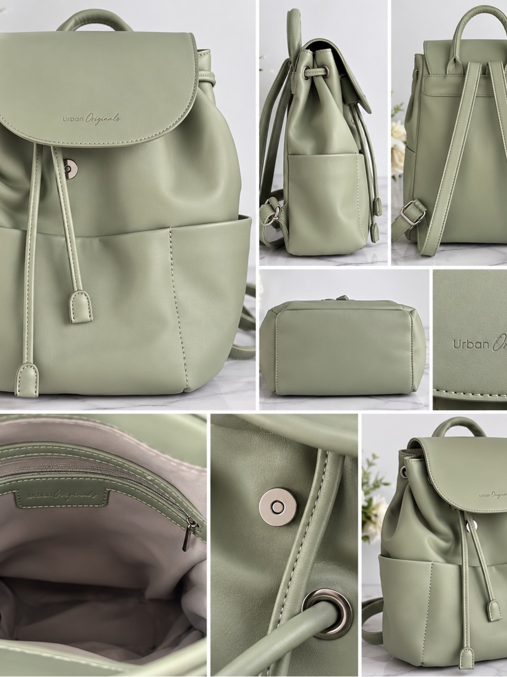 Urban Originals Sage Green Vegan Leather Drawstring Backpack